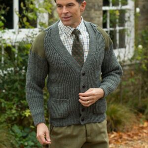 Classic British wool outdoor cardigan - suede patches & hip pockets