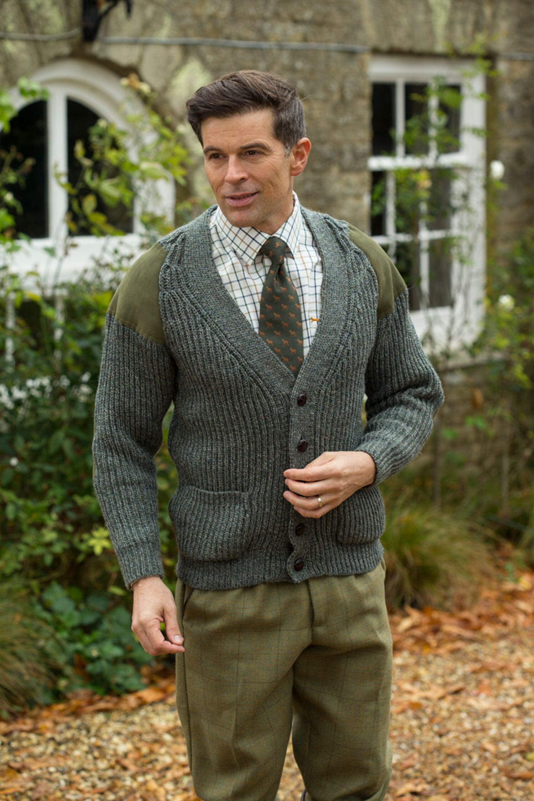 Classic British wool outdoor cardigan - suede patches & hip pockets