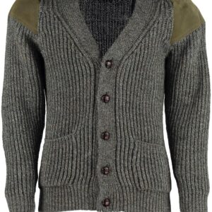 Classic British wool outdoor cardigan - suede patches & hip pockets