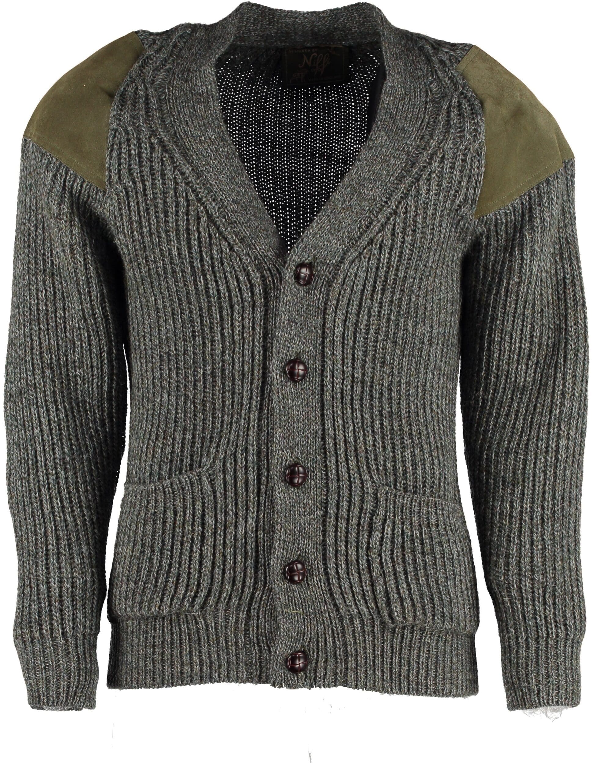Classic British wool outdoor cardigan - suede patches & hip pockets