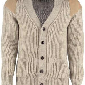 Classic British wool outdoor cardigan - suede patches & hip pockets