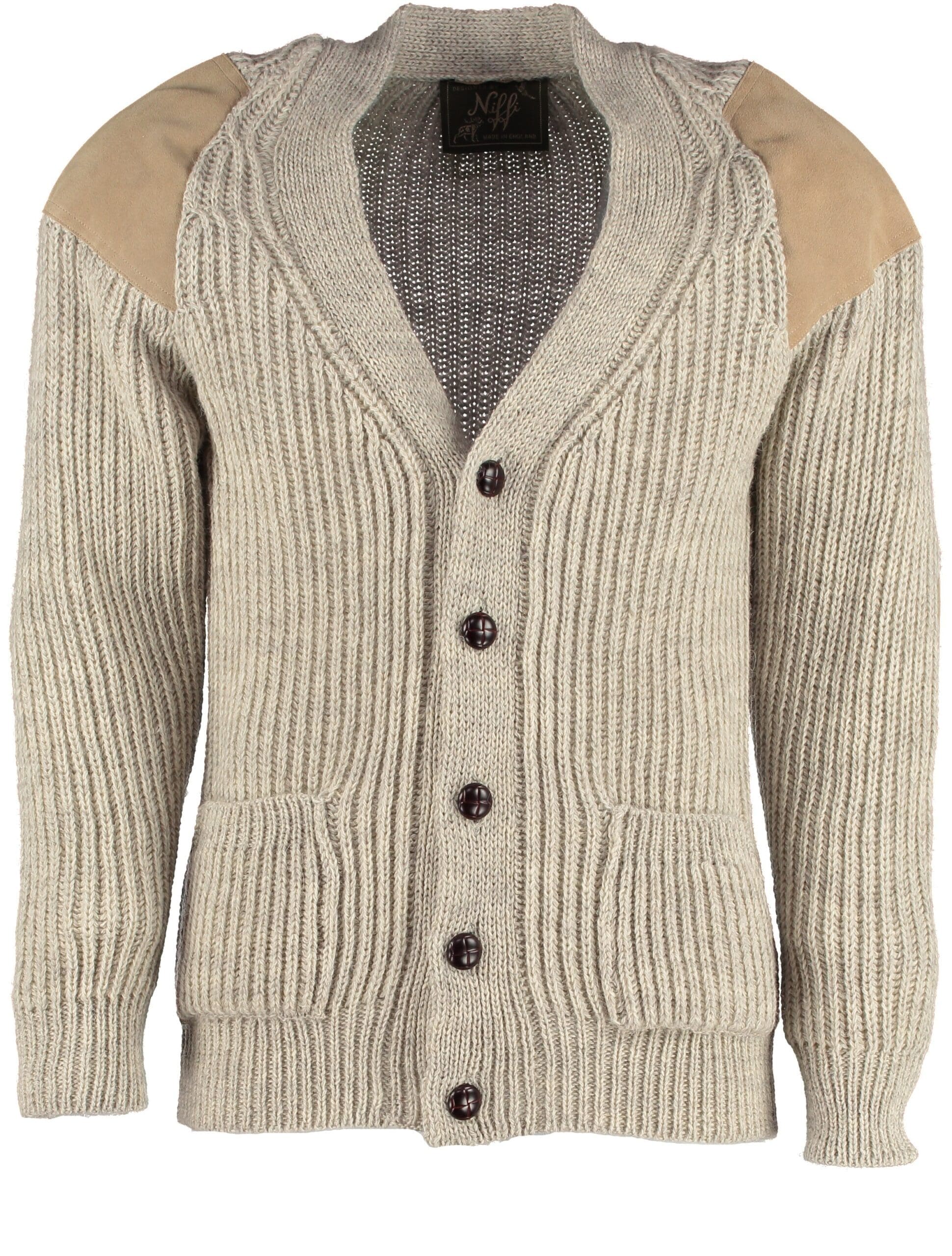 Classic British wool outdoor cardigan - suede patches & hip pockets