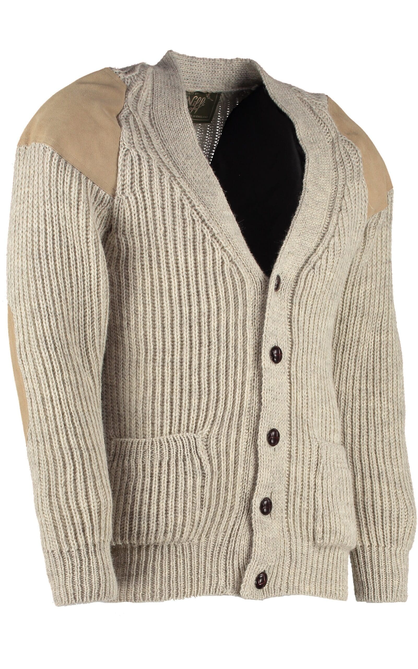Classic British wool outdoor cardigan - suede patches & hip pockets
