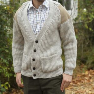 Classic British wool outdoor cardigan - suede patches & hip pockets