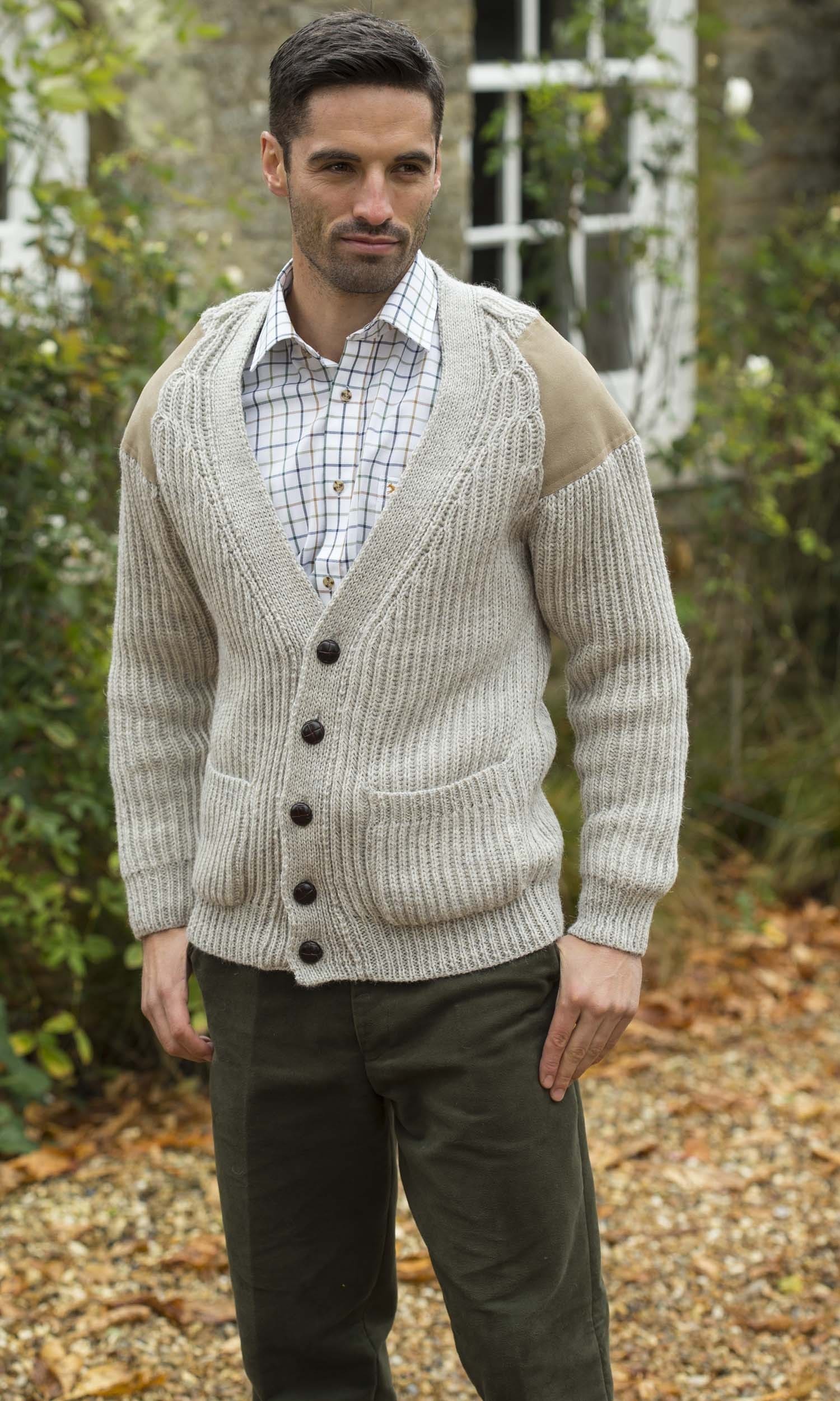 Classic British wool outdoor cardigan - suede patches & hip pockets