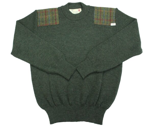 Drover- Crew neck sweater with Harris Tweed patches - Outdoor Knitwear