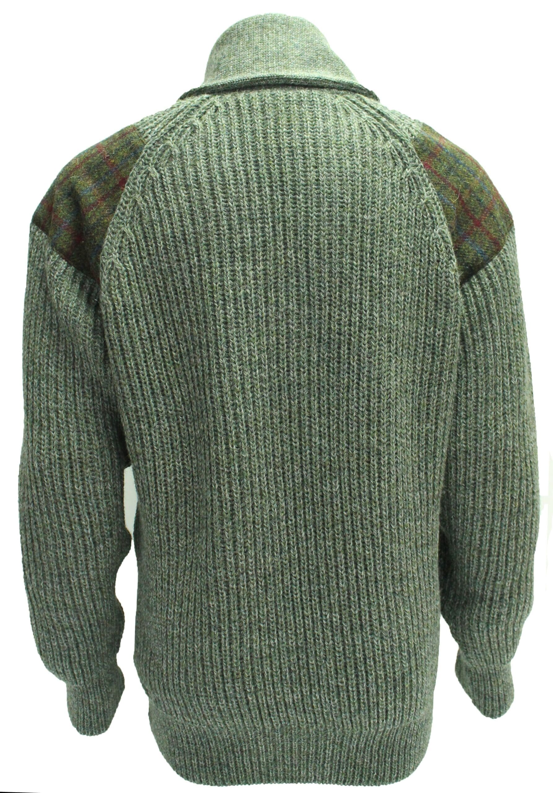 1053-Byreman-Chunky-knit-Shawl-Collar-Sweater-with-Harris-Tweed-patches-scaled