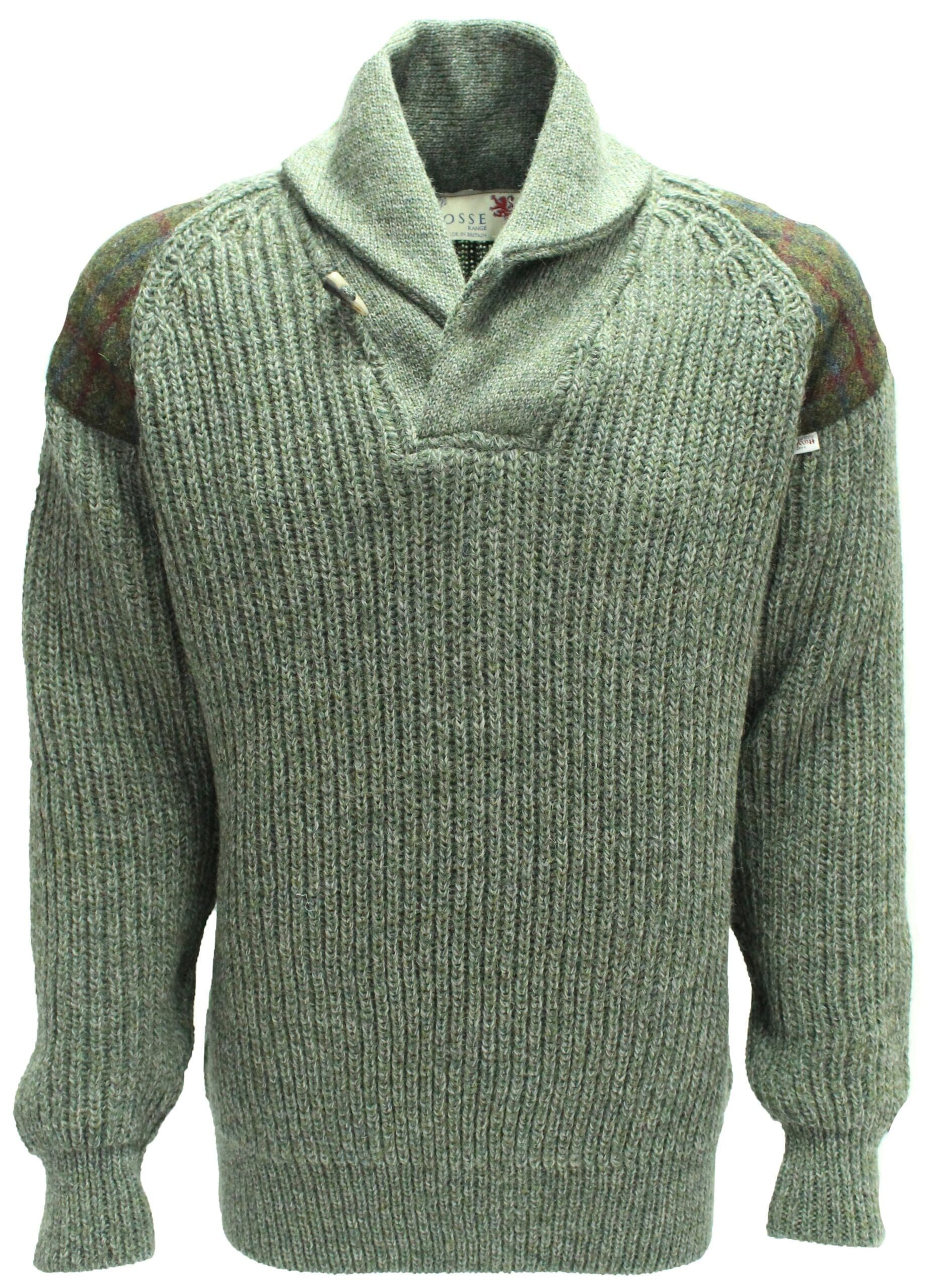 1054-Byreman-Chunky-knit-Shawl-Collar-Sweater-with-Harris-Tweed-patches-scaled