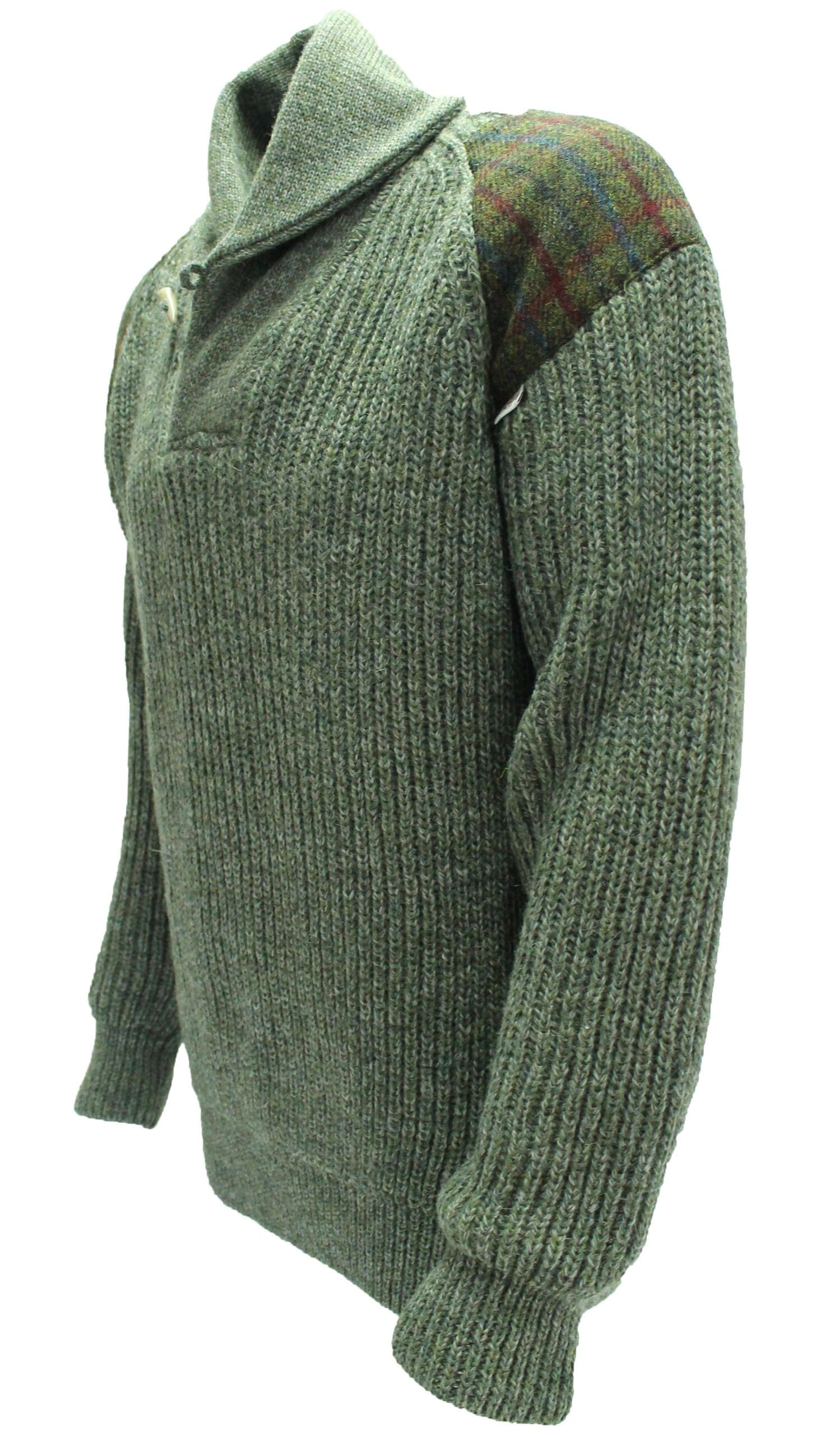 1055-Byreman-Chunky-knit-Shawl-Collar-Sweater-with-Harris-Tweed-patches-scaled