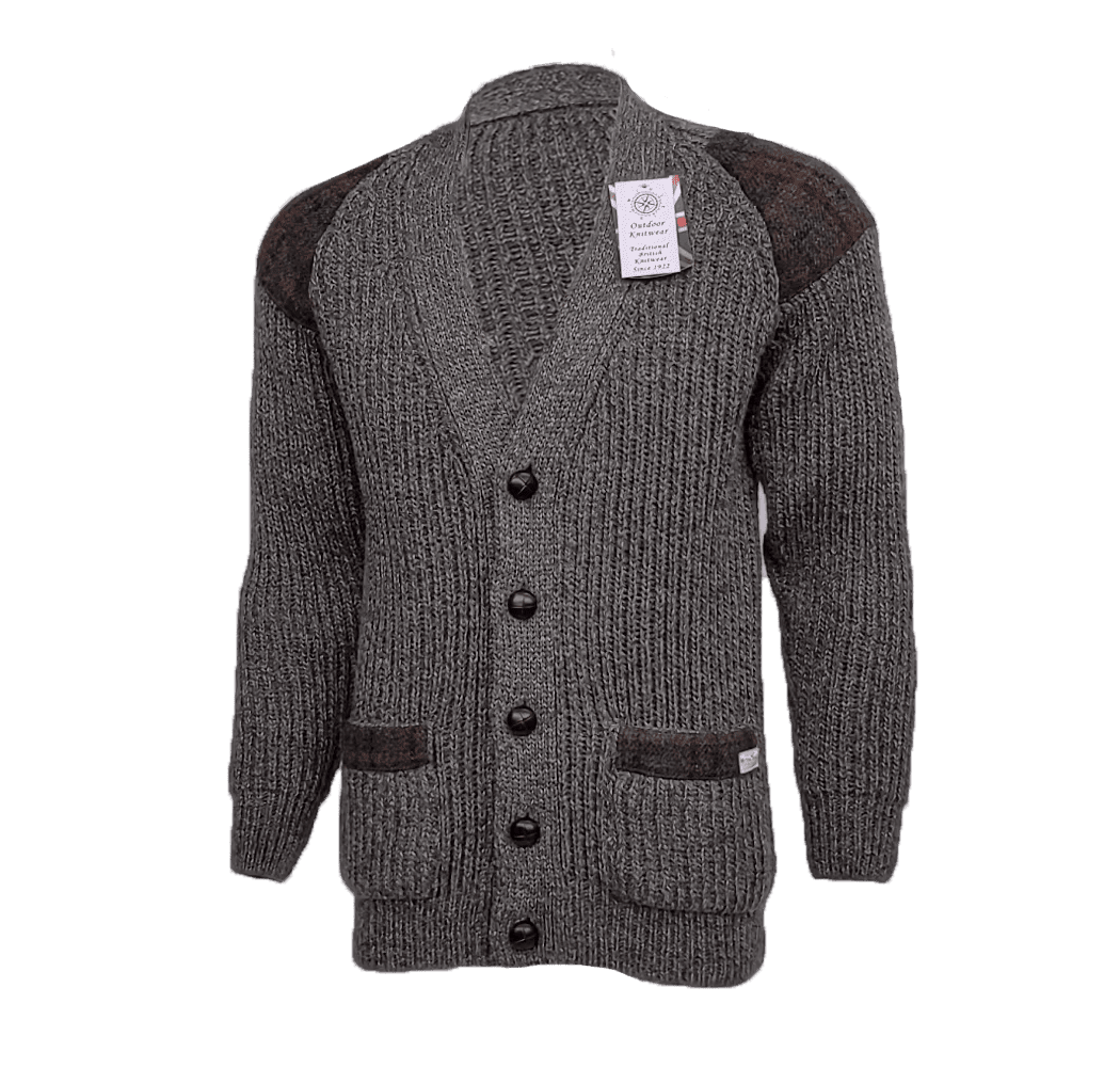 Laird - Chunky knit traditional cardigan with Harris Tweed patches Laird - Chunky knit traditional cardigan with Harris Tweed patches