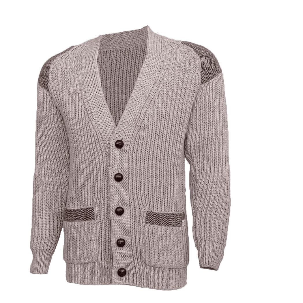Laird - Chunky knit traditional cardigan with Harris Tweed patches Laird - Chunky knit traditional cardigan with Harris Tweed patches