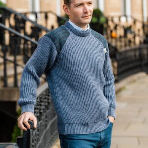 Gamekeeper- Chunky crew neck sweater with Harris Tweed patches