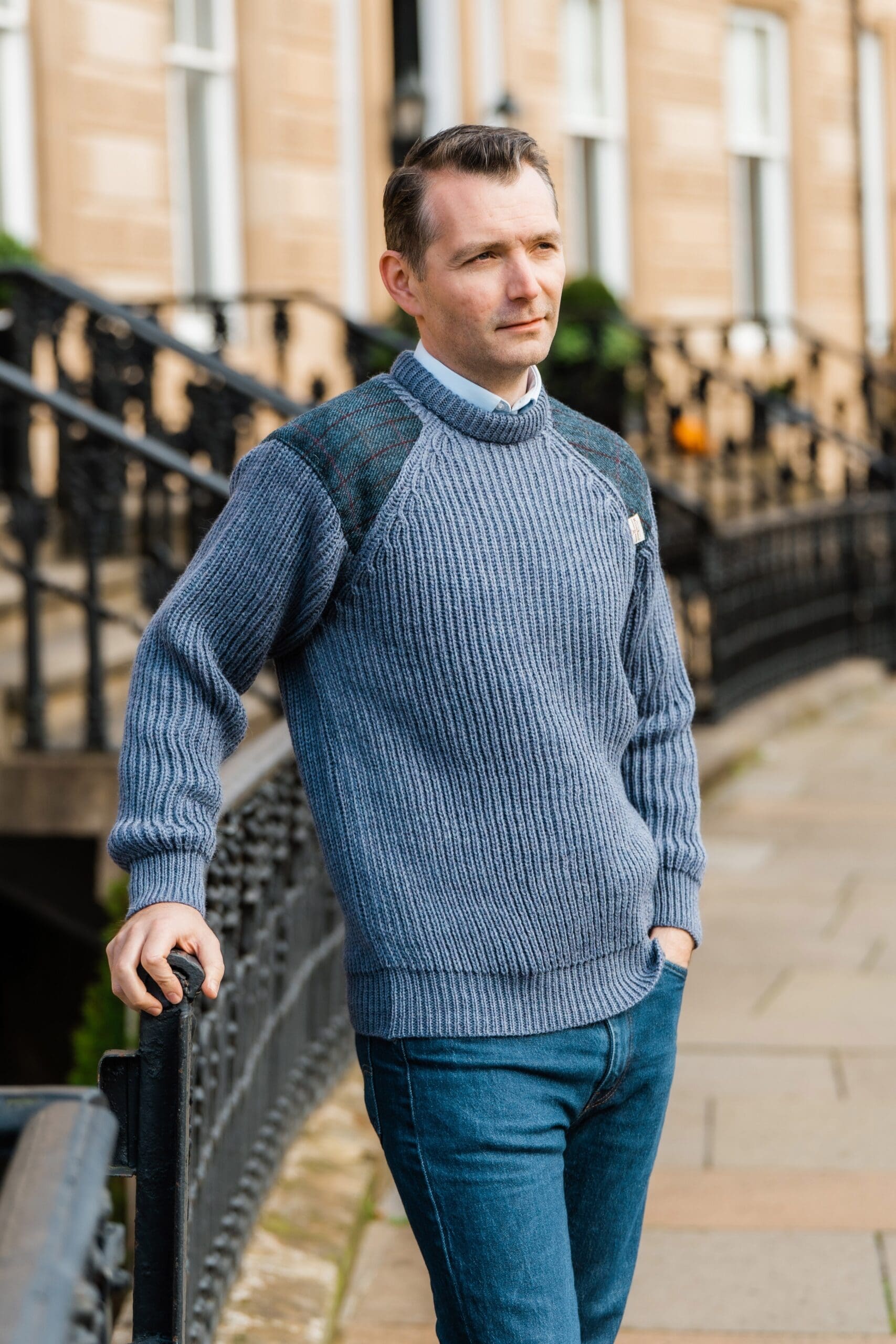 Gamekeeper- Chunky crew neck sweater with Harris Tweed patches