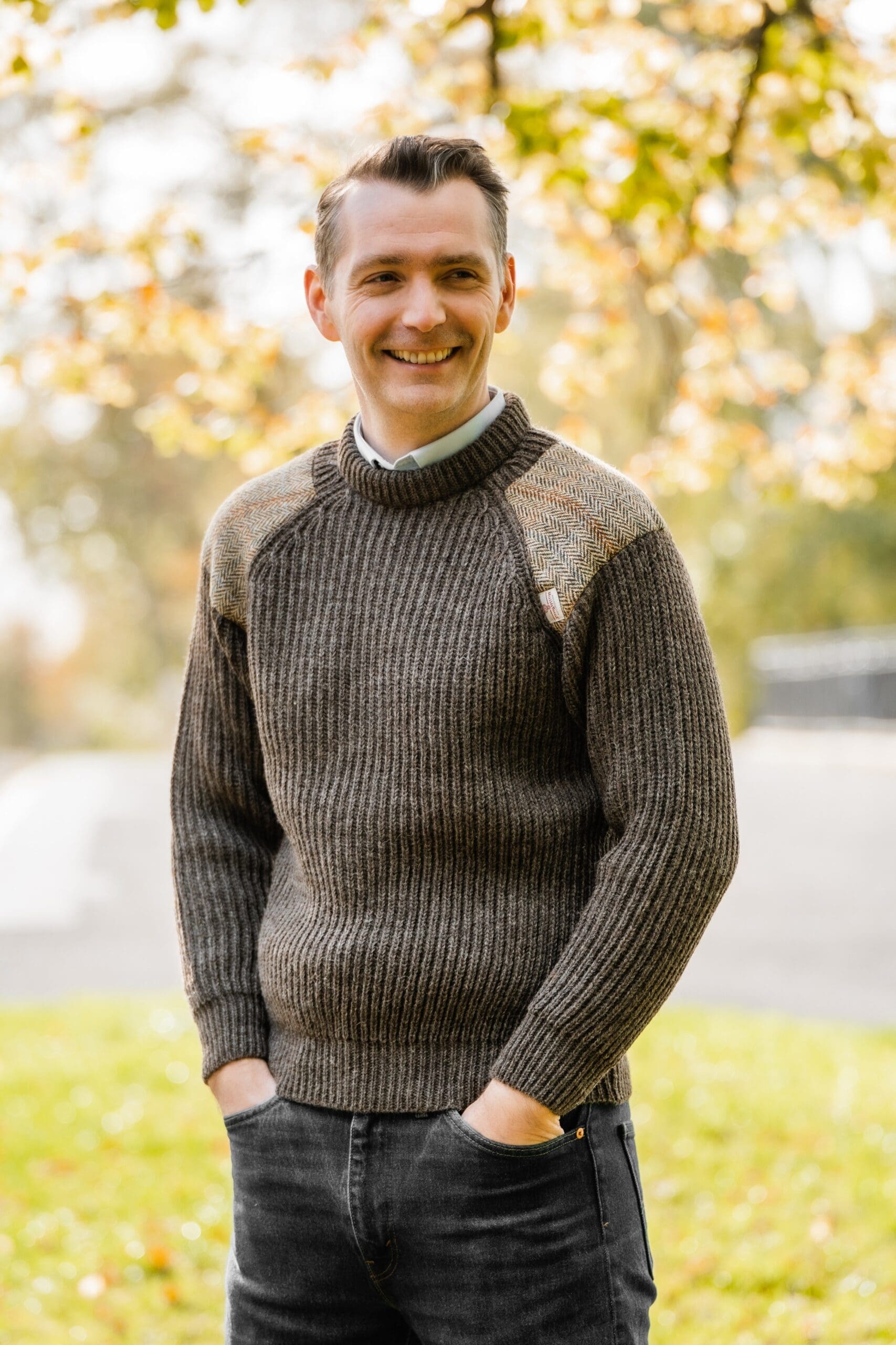 1924-Gamekeeper-Chunky-crew-neck-sweater-with-Harris-Tweed-patches-scaled