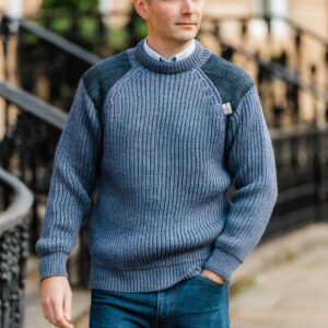 Gamekeeper- Chunky crew neck sweater with Harris Tweed patches