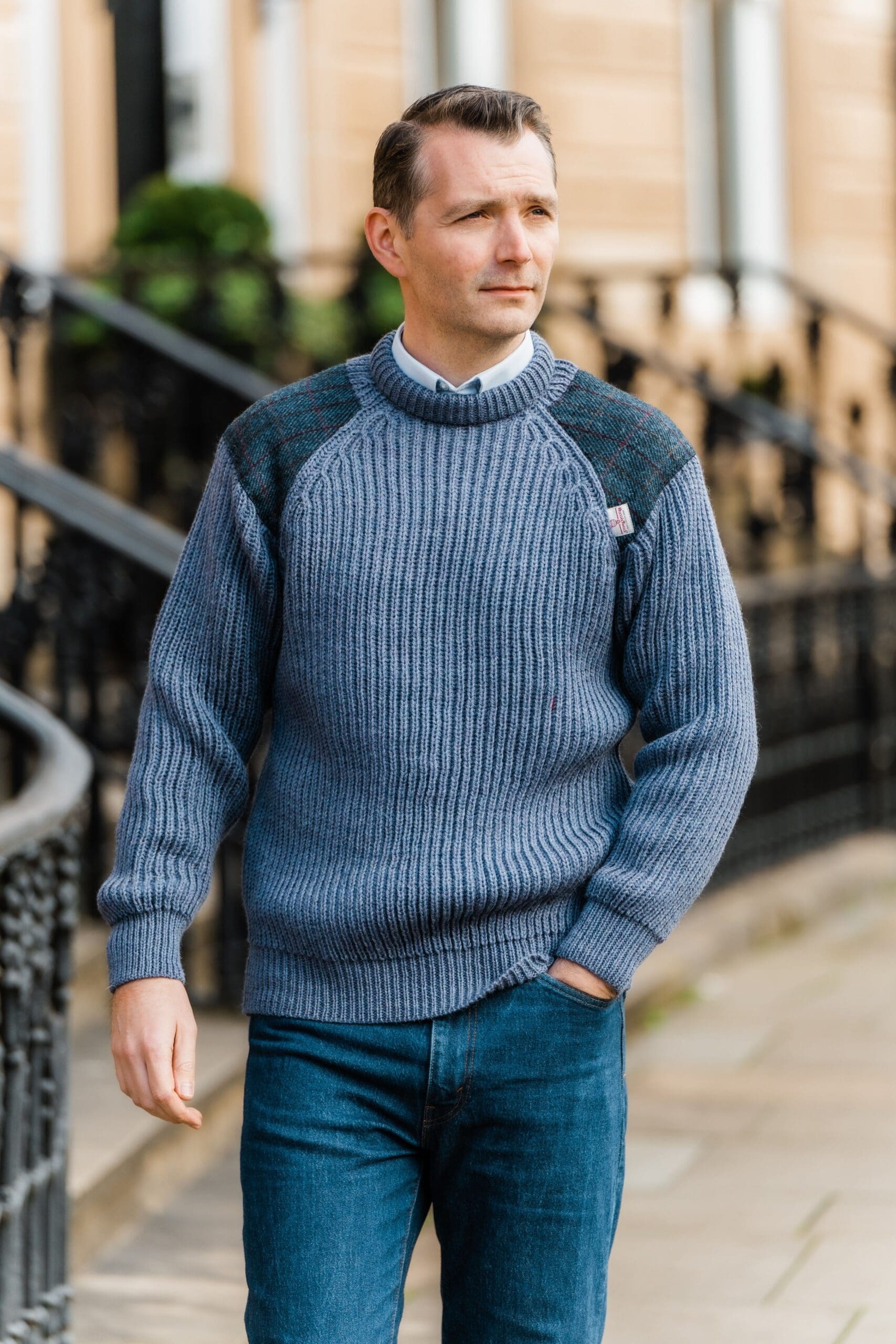 Gamekeeper- Chunky crew neck sweater with Harris Tweed patches