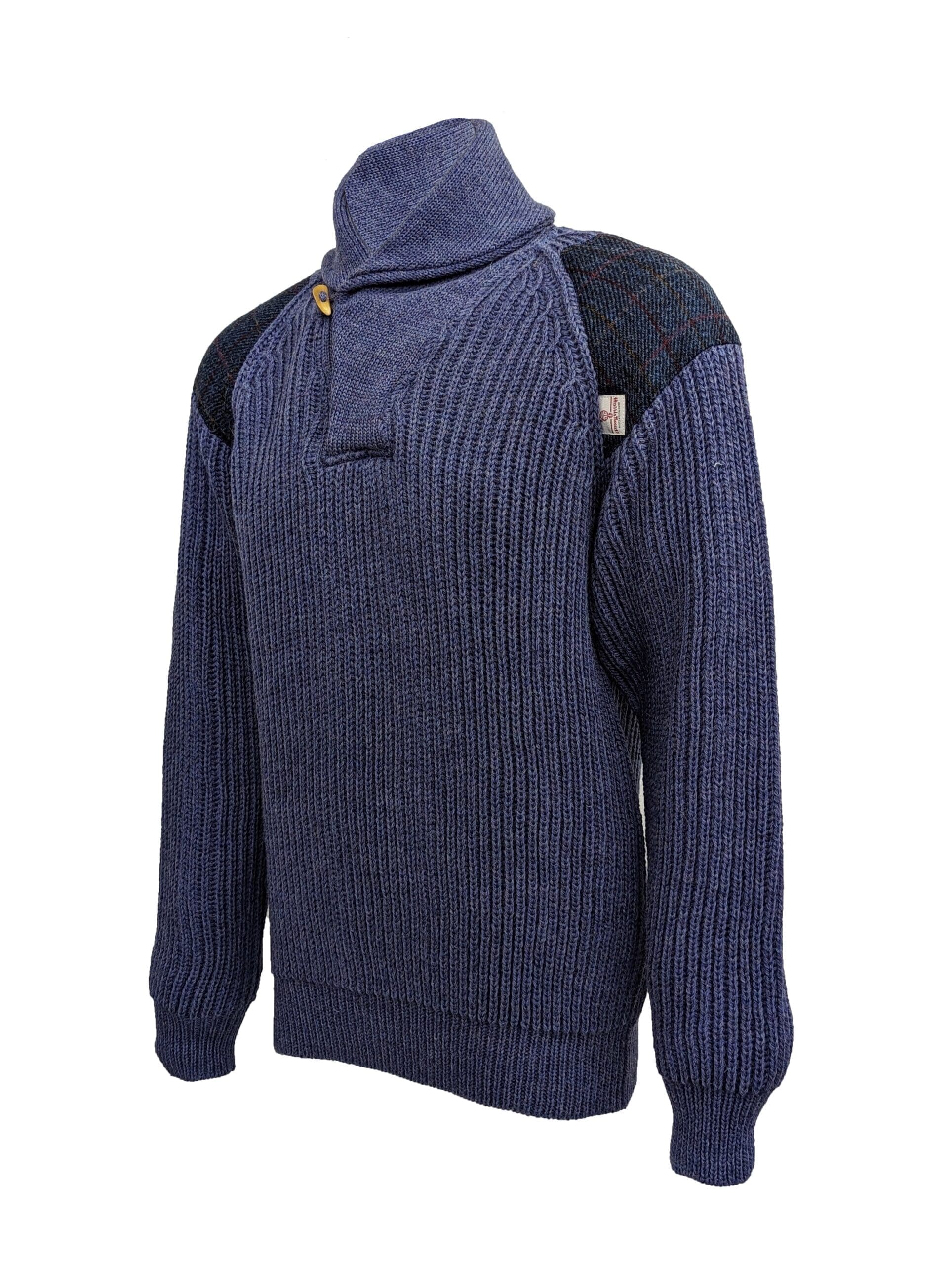 Byreman - Chunky knit Shawl Collar Sweater with Harris Tweed patches Byreman - Chunky knit Shawl Collar Sweater with Harris Tweed patches