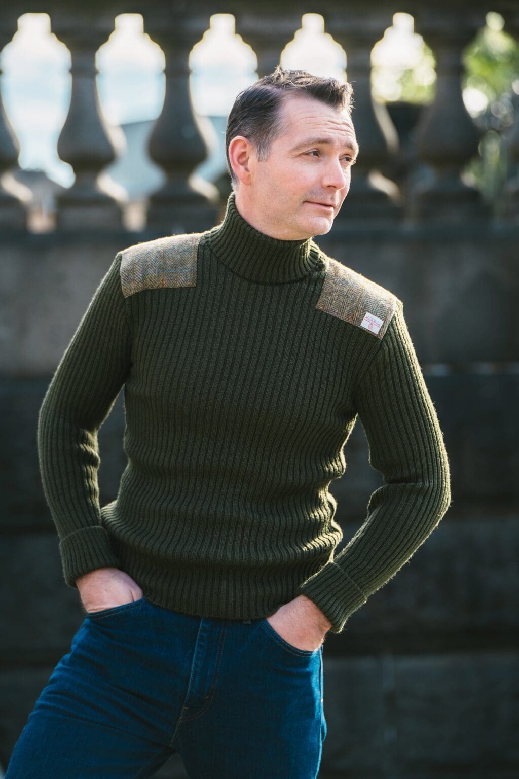 Ghillie - Roll Neck Woolly Pully Sweater with Harris Tweed patches ...