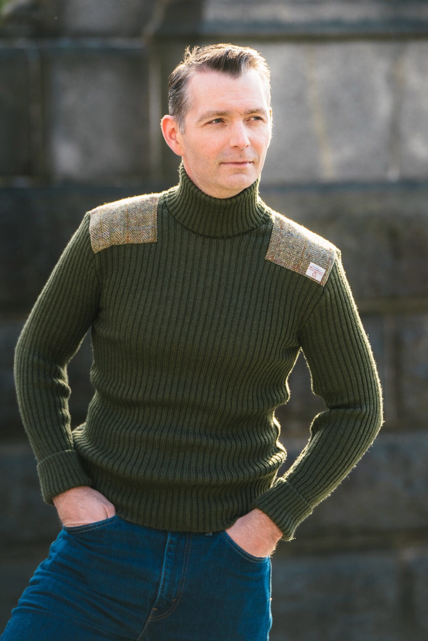 Ghillie - Roll Neck Woolly Pully Sweater with Harris Tweed patches ...