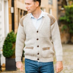Laird - Chunky knit traditional cardigan with Harris Tweed patches Laird - Chunky knit traditional cardigan with Harris Tweed patches
