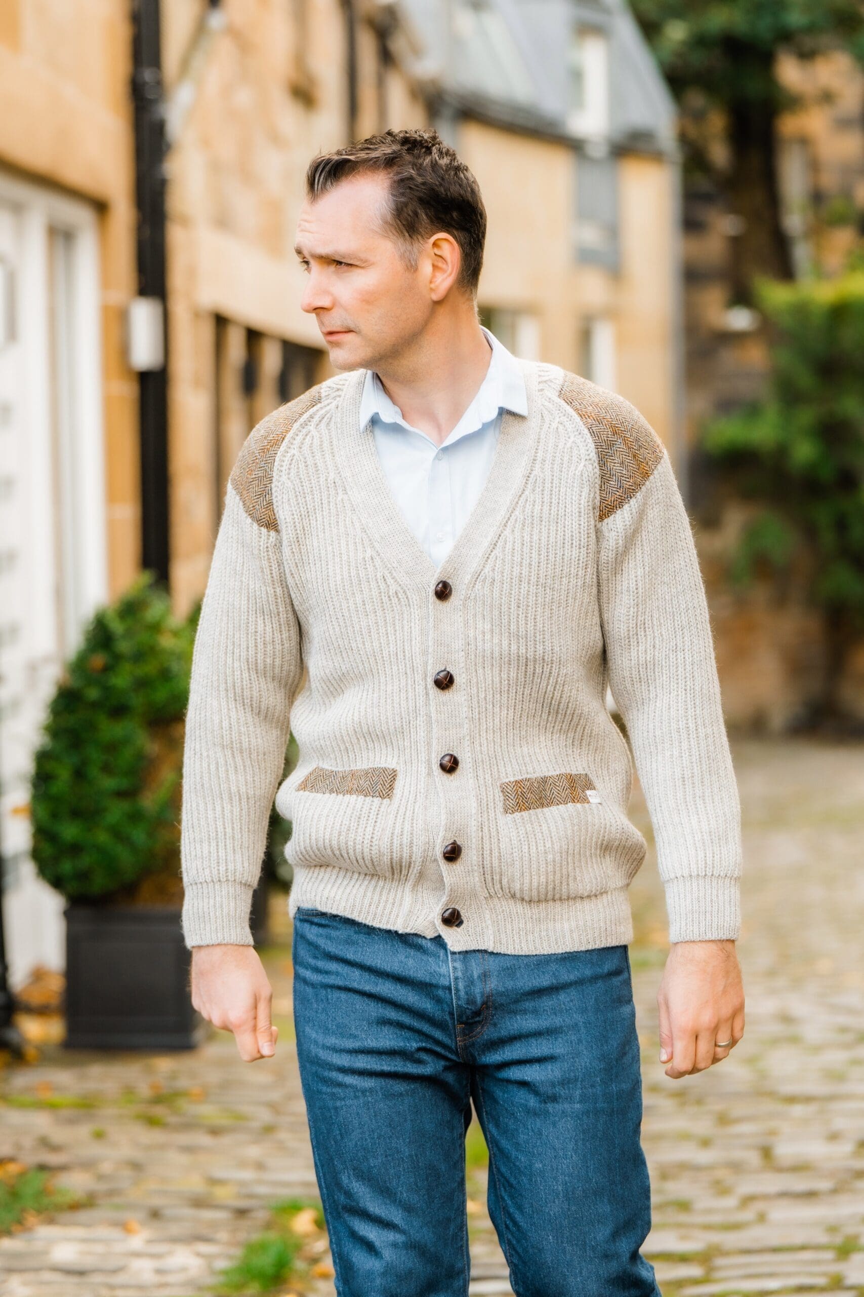Laird - Chunky knit traditional cardigan with Harris Tweed patches Laird - Chunky knit traditional cardigan with Harris Tweed patches