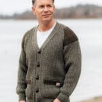 Laird - Chunky knit traditional cardigan with Harris Tweed patches