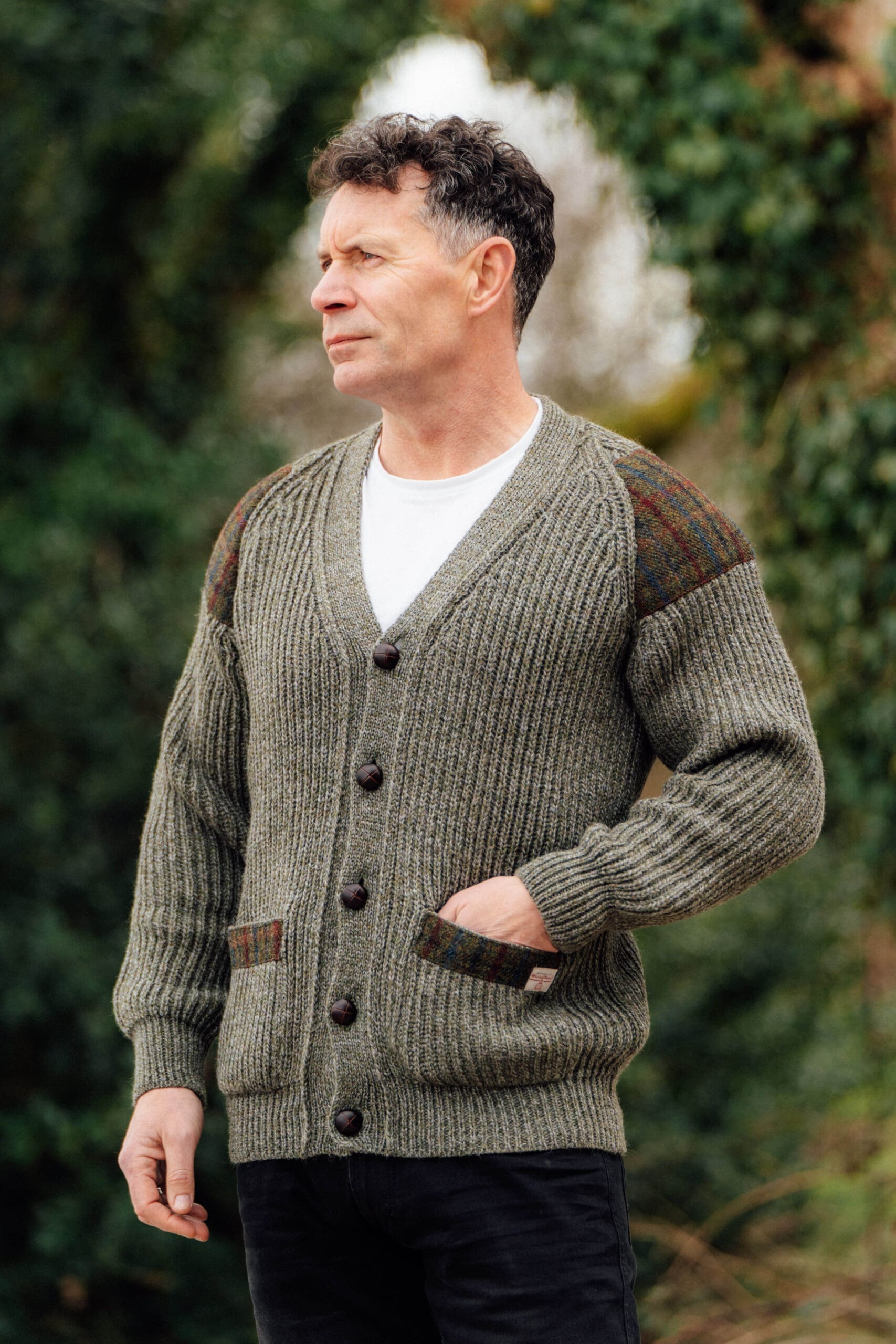 Laird - Chunky knit traditional cardigan with Harris Tweed patches Laird - Chunky knit traditional cardigan with Harris Tweed patches