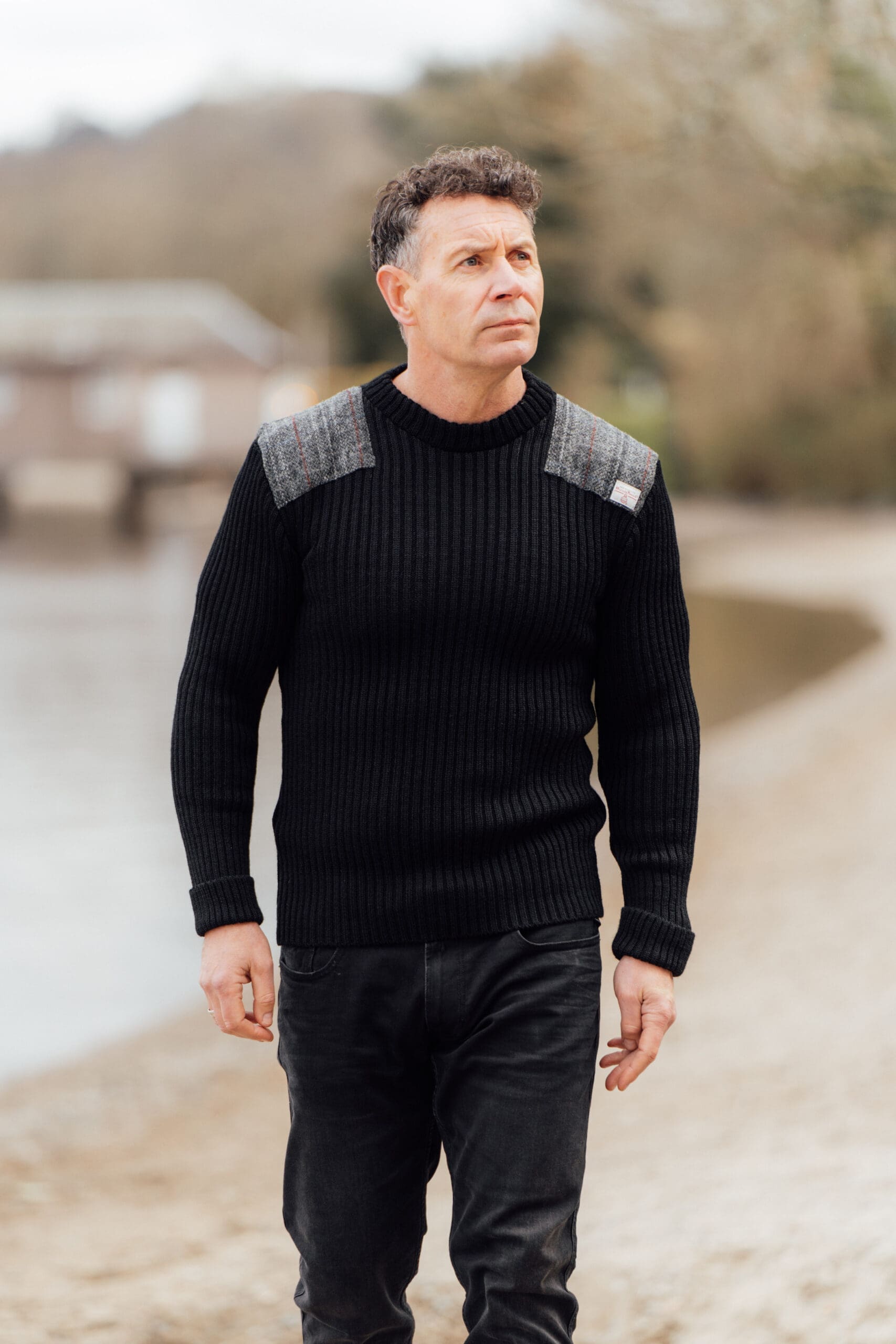 Forrester - Crew Neck Woolly Pully Sweater with Harris Tweed patches