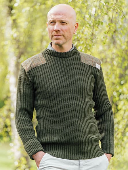 Forrester - Crew Neck Woolly Pully Sweater with Harris Tweed patches
