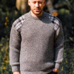 Gamekeeper- Chunky crew neck sweater with Harris Tweed patches