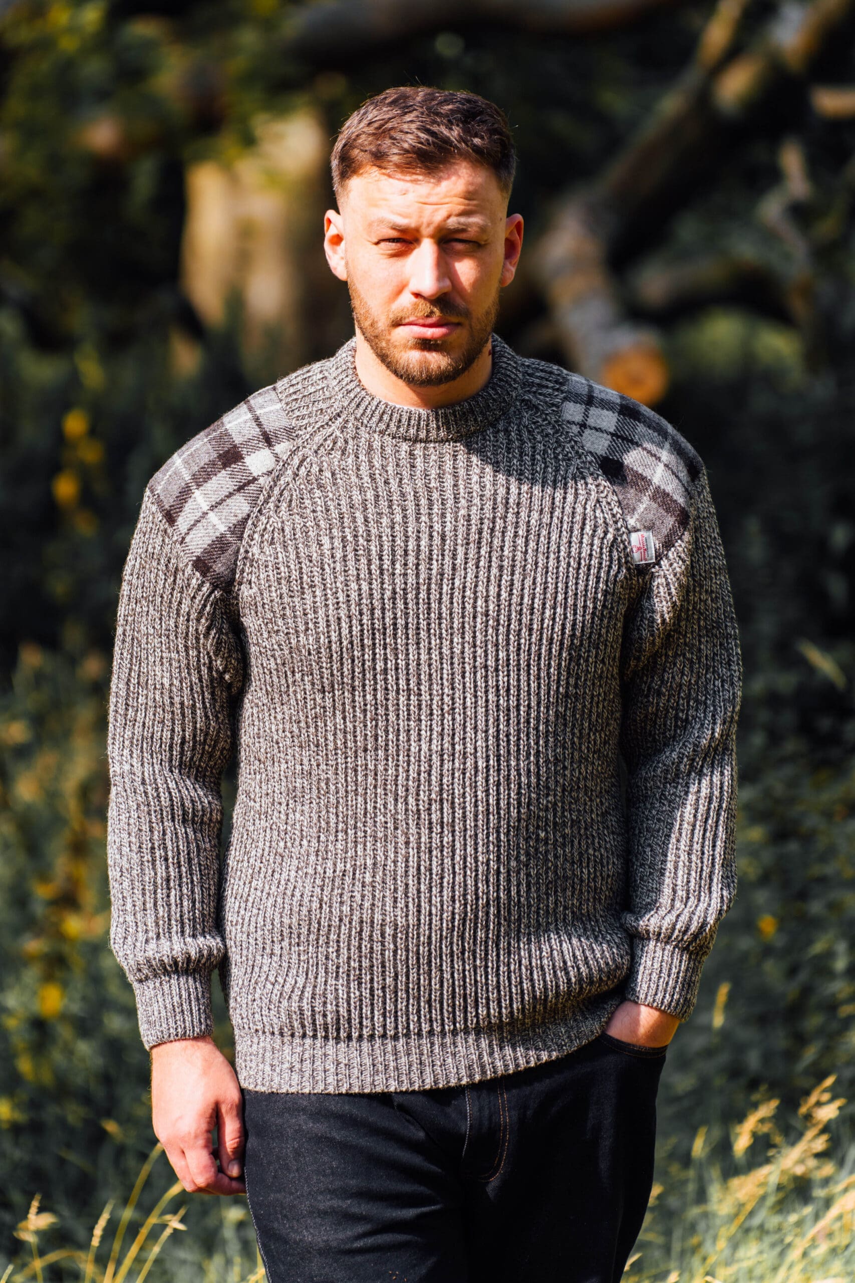 Gamekeeper- Chunky crew neck sweater with Harris Tweed patches Gamekeeper- Chunky crew neck sweater with Harris Tweed patches