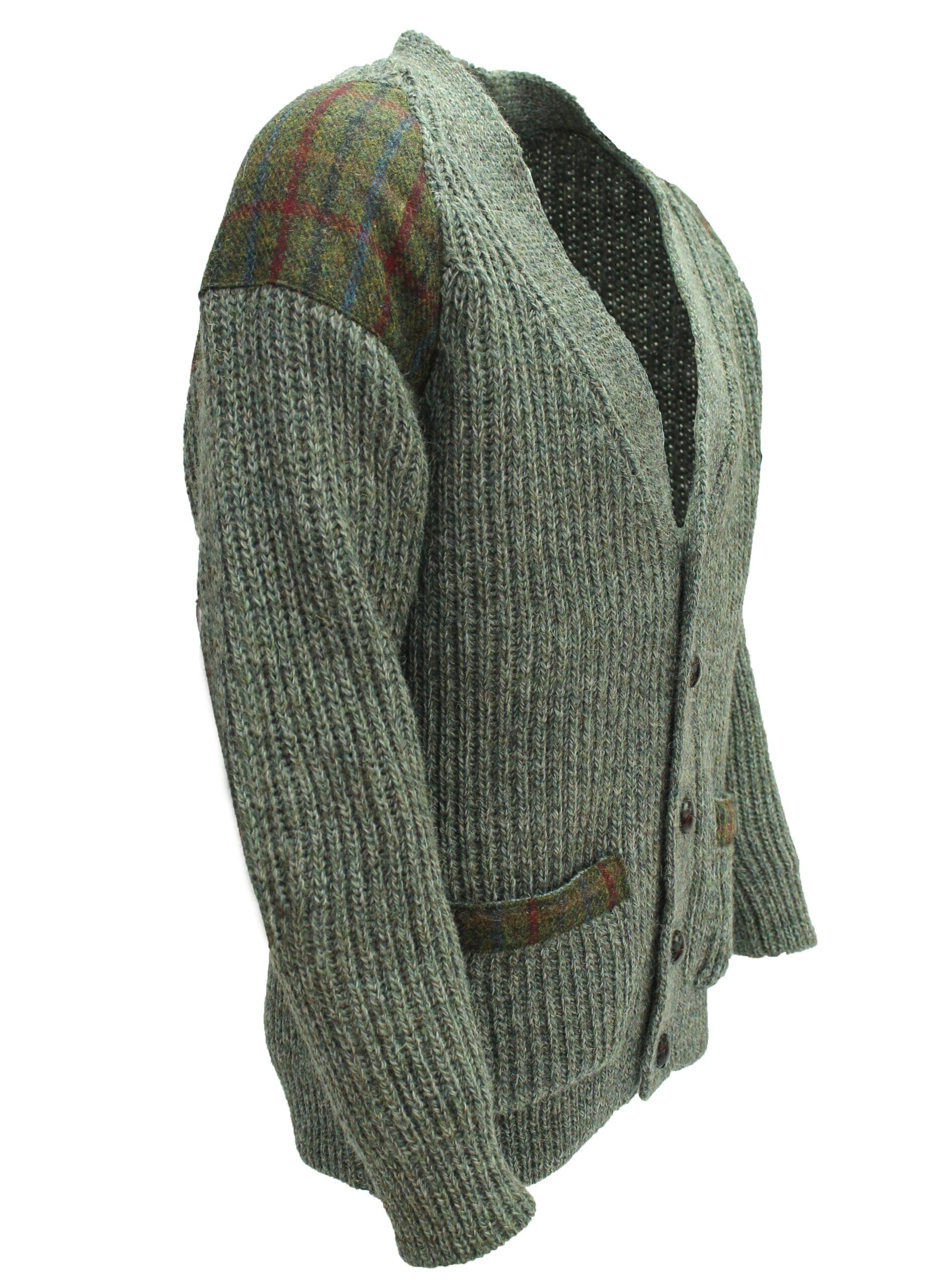 Laird - Chunky knit traditional cardigan with Harris Tweed patches