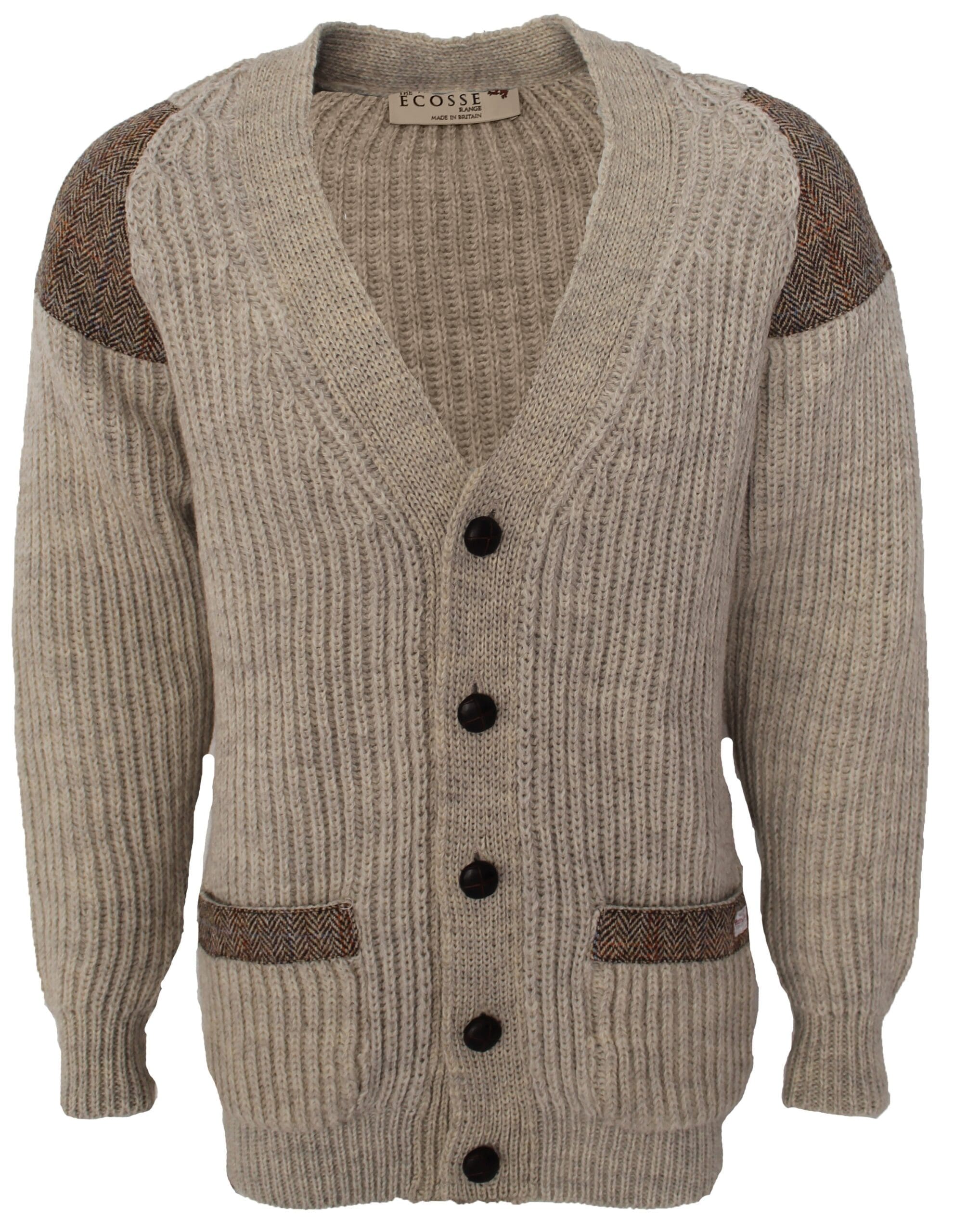 Laird - Chunky knit traditional cardigan with Harris Tweed patches