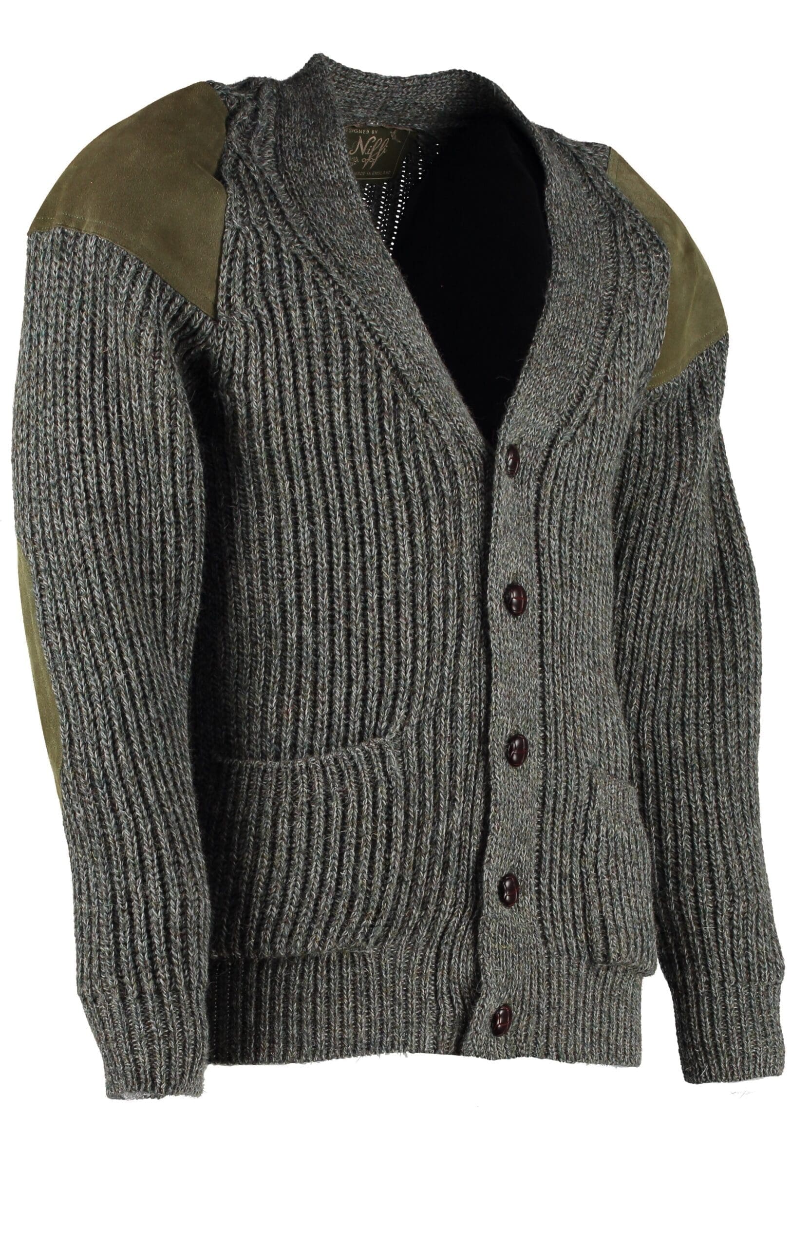 Classic British wool outdoor cardigan - suede patches & hip pockets