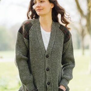 Chunky knit traditional cardigan with Harris Tweed patches