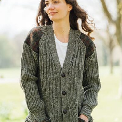 Chunky knit traditional cardigan with Harris Tweed patches