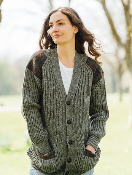 Chunky knit traditional cardigan with Harris Tweed patches