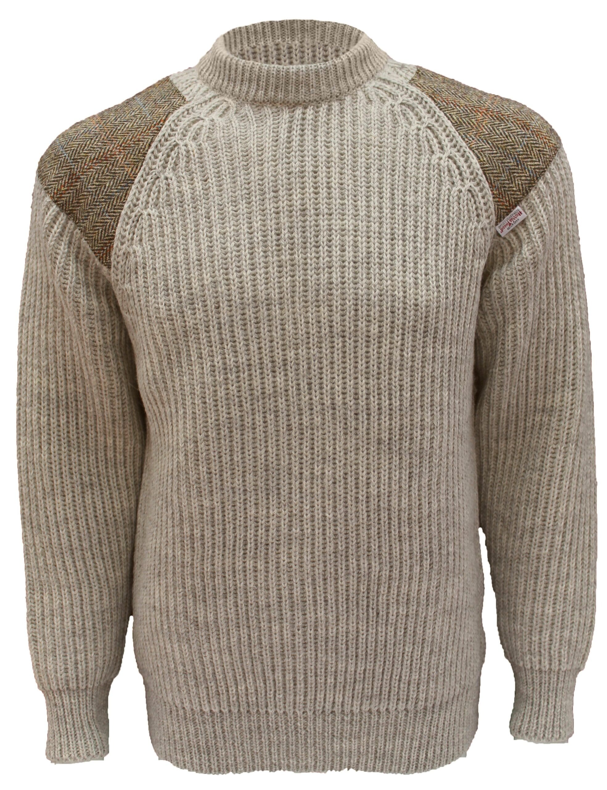 Gamekeeper- Chunky crew neck sweater with Harris Tweed patches